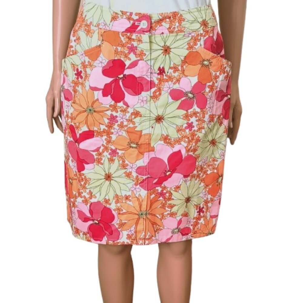 Talbots Vintage Tropical Floral Skirt 8 Orange Pink Front Slit, Zip & Pockets